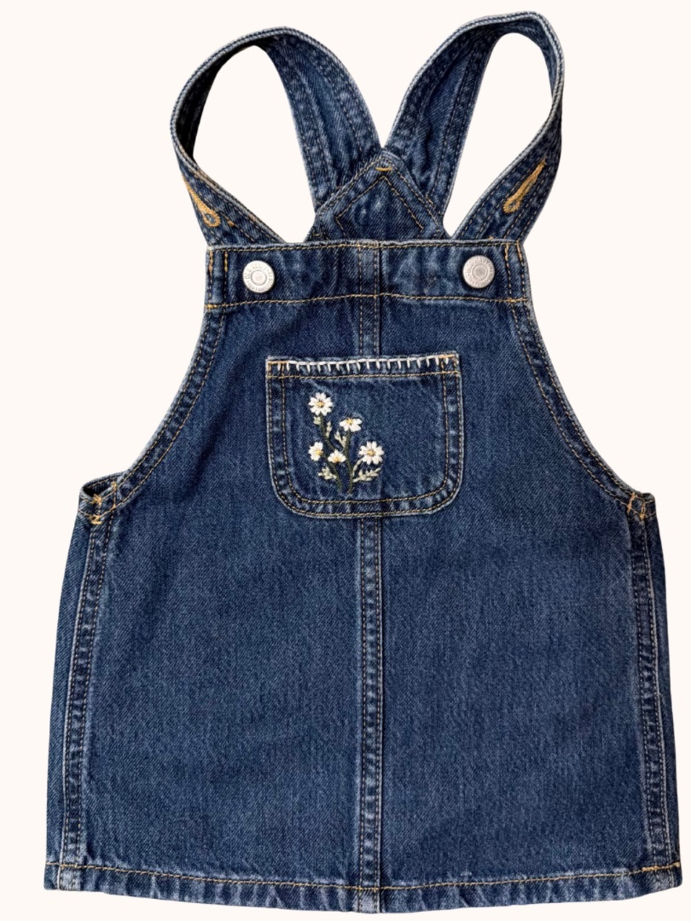 Old Navy Dark Blue Denim Overall Dress with Daisy Embroidery